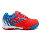 Joma Toledo JR Kids Turf soccer shoe in red and blue with synthetic upper and rubber outsole for traction