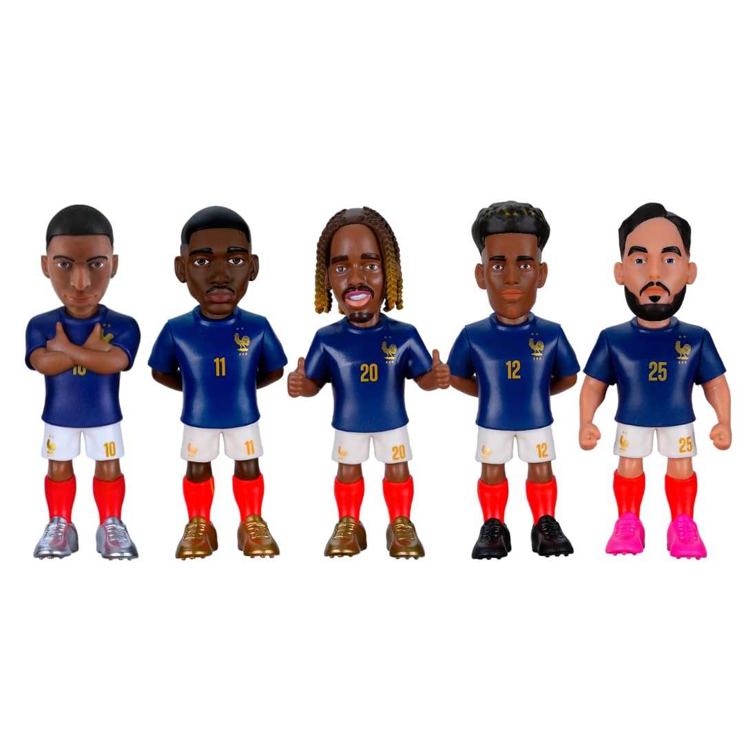 Minix France National Team soccer figurines 5-pack featuring Mbappé, Dembélé, Barcola, Doue, and Cherki in official kits