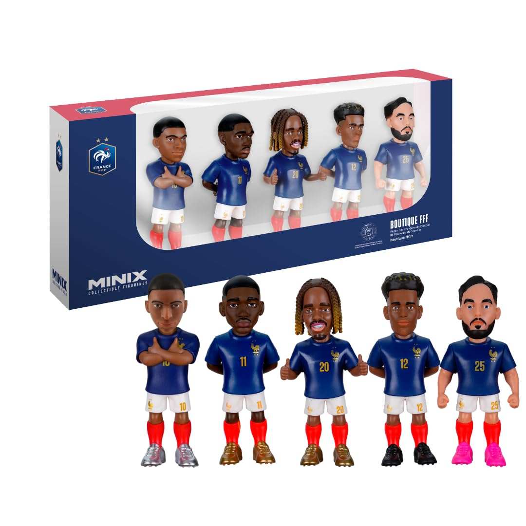 Minix France National Team 5-pack soccer figurines featuring Mbappé, Dembélé, Barcola, Doue, and Cherki in official kits