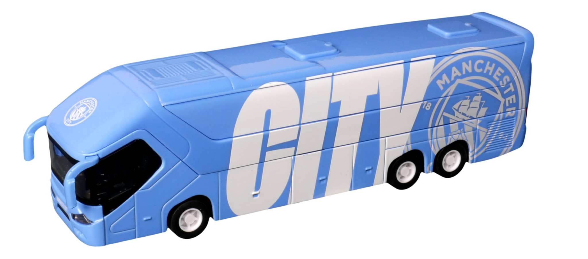Manchester City collectible miniature team bus with friction-power engine and authentic club branding in sky color