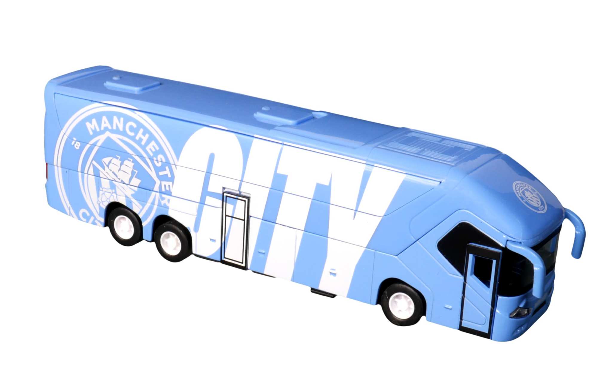 Manchester City collectible miniature team bus in sky color with friction-power engine and authentic club branding