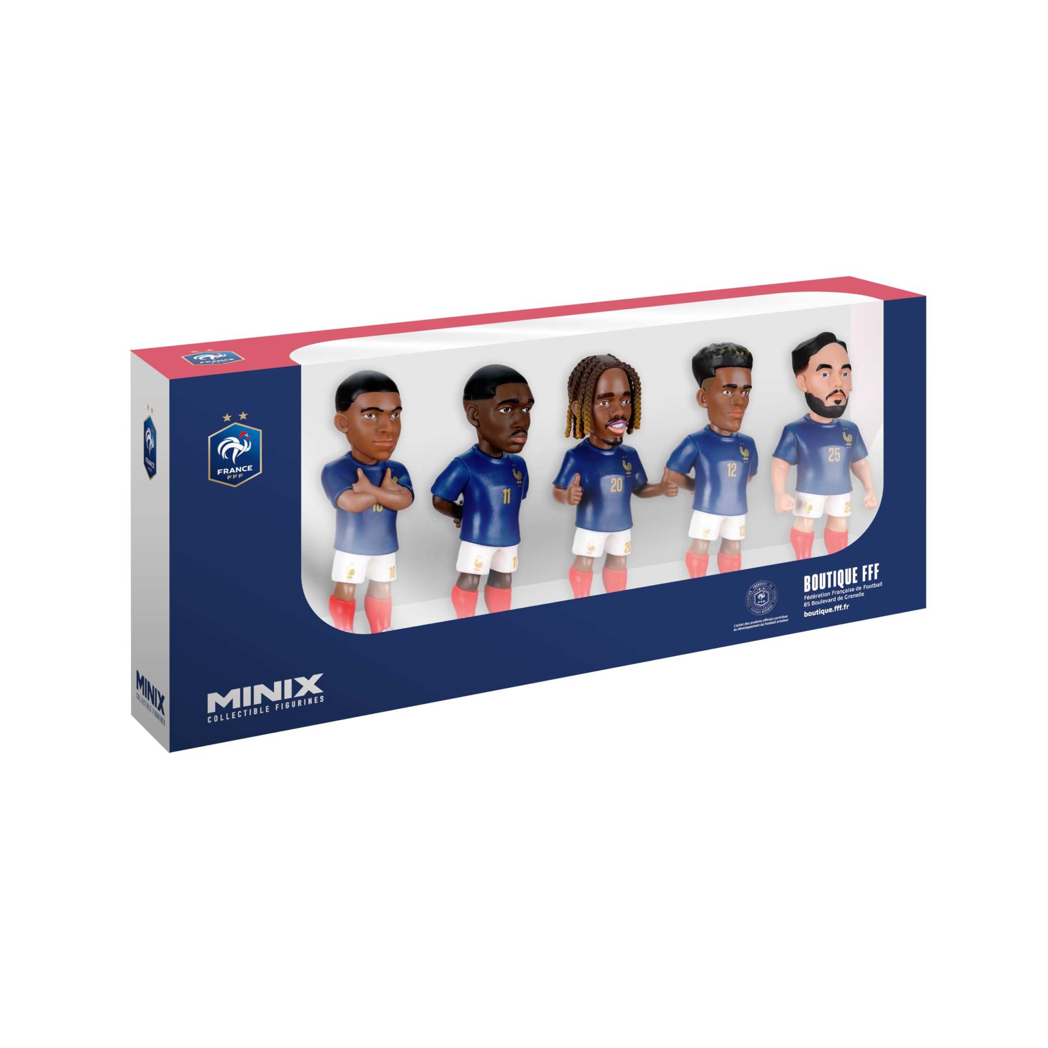 Minix 5-pack France National Team soccer figurines featuring Mbappé, Dembélé, Barcola, Doué, and Cherki in official kits