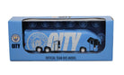 Manchester City collectible miniature team bus sky blue die-cast model with friction power engine and authentic club branding