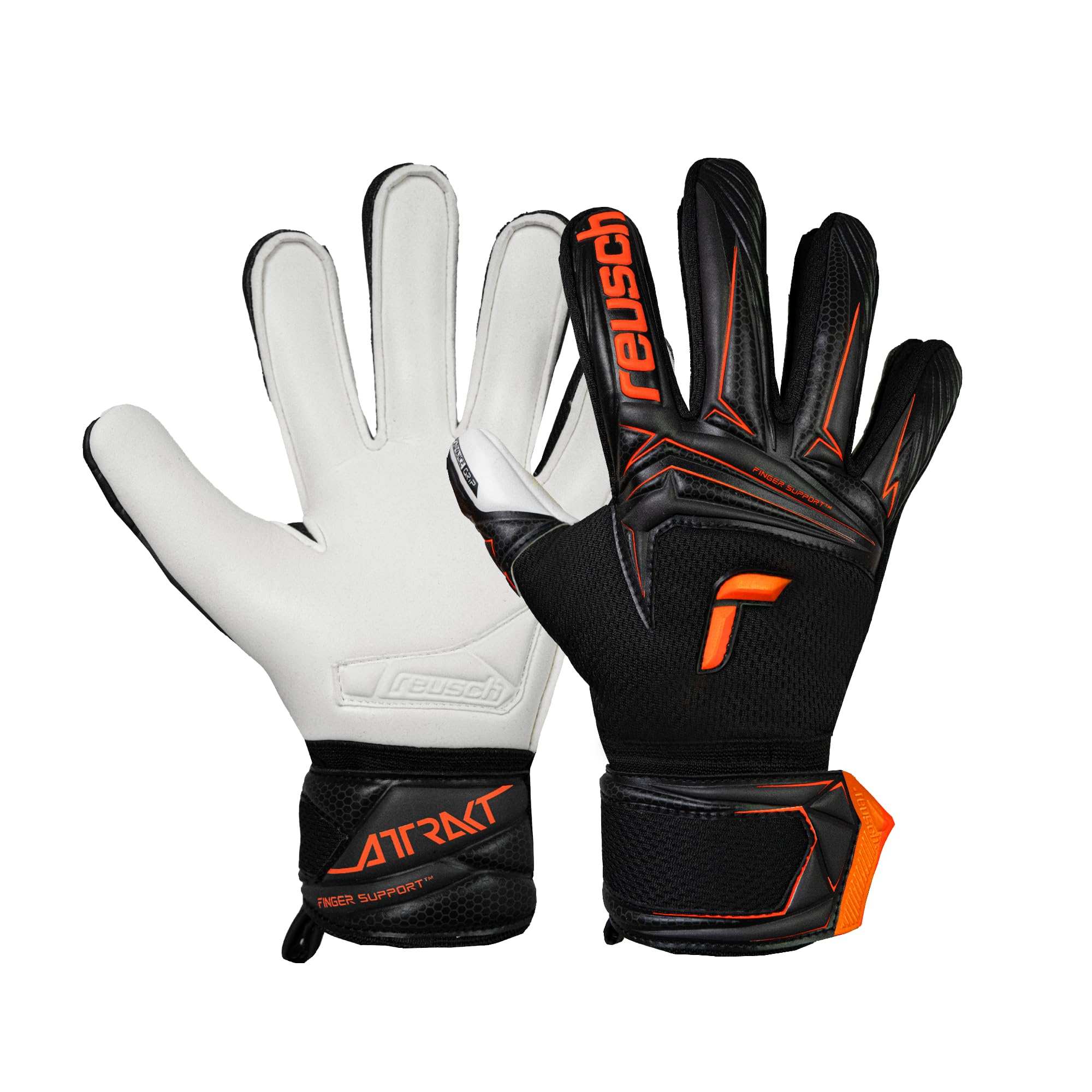Black and orange Reusch Attrakt Advance junior goalkeeper gloves with grip latex, finger support, and breathable mesh panels