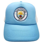 Manchester City FC Fan Ink Limited Basics Trucker Hat in sky blue with contrast crest, embroidered eyelets, and snapback closure