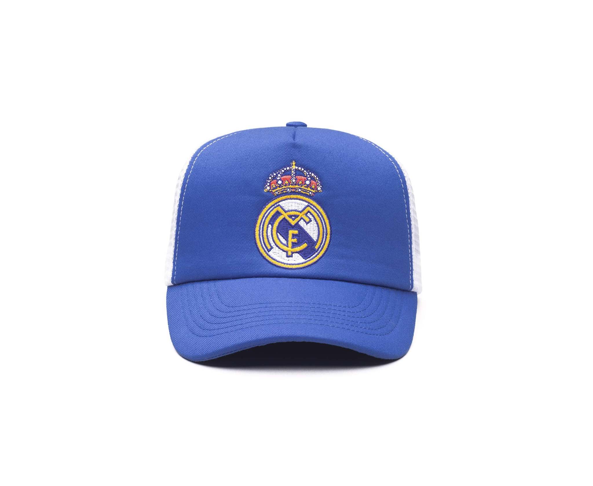 Fan Ink adjustable Real Madrid trucker hat with embroidered crest and mesh back