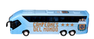Official collectible miniature team bus die-cast model in authentic club colors with detailed exterior and "Campeones del Mundo" branding for soccer fans.