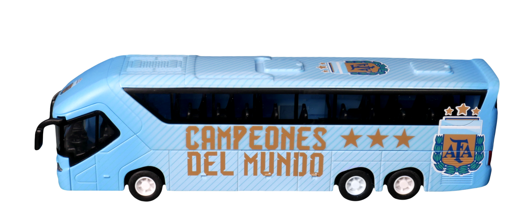 Official collectible miniature team bus die-cast model in authentic club colors with detailed exterior and "Campeones del Mundo" branding for soccer fans.
