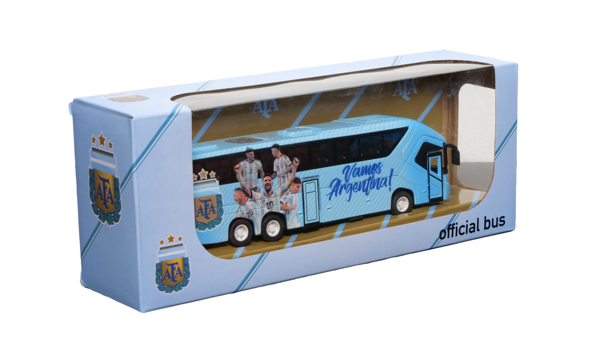 Argentina AFA Mini Team Bus collectible, light blue miniature coach with team graphics, player images and official bus branding in a display box.