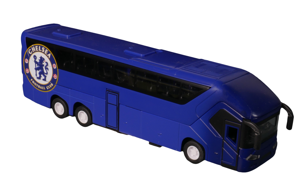 Chelsea Mini Team Bus collectible, blue plastic coach with black windows, white wheels and the Chelsea crest on its side.