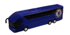 Chelsea Mini Team Bus in deep blue plastic, with black windows, silver wheels and a circular Chelsea crest on the side.