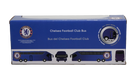 Chelsea Mini Team Bus in blue, a boxed collectible with white-and-blue coach artwork and Chelsea crests.