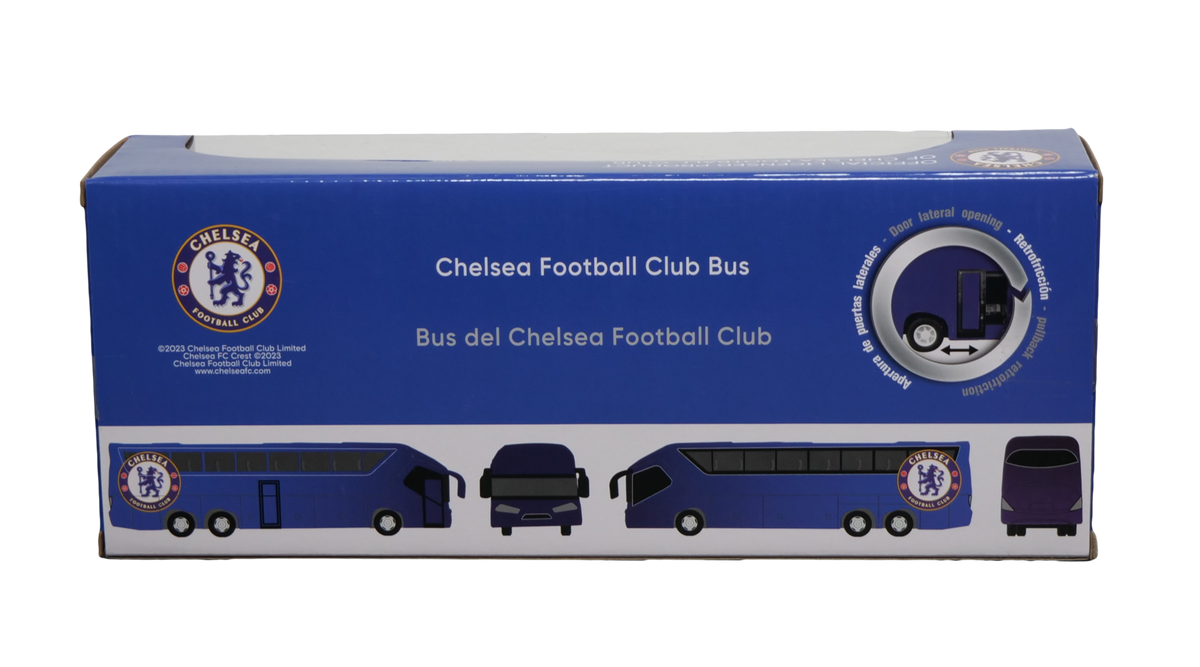 Chelsea Mini Team Bus in blue, a boxed collectible with white-and-blue coach artwork and Chelsea crests.