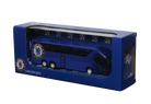 Chelsea Mini Team Bus miniature coach in deep blue with black windows, white wheels and Chelsea crests, displayed in a branded box.