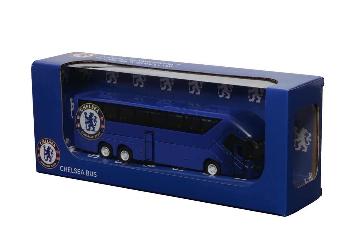 Chelsea Mini Team Bus miniature coach in deep blue with black windows, white wheels and Chelsea crests, displayed in a branded box.