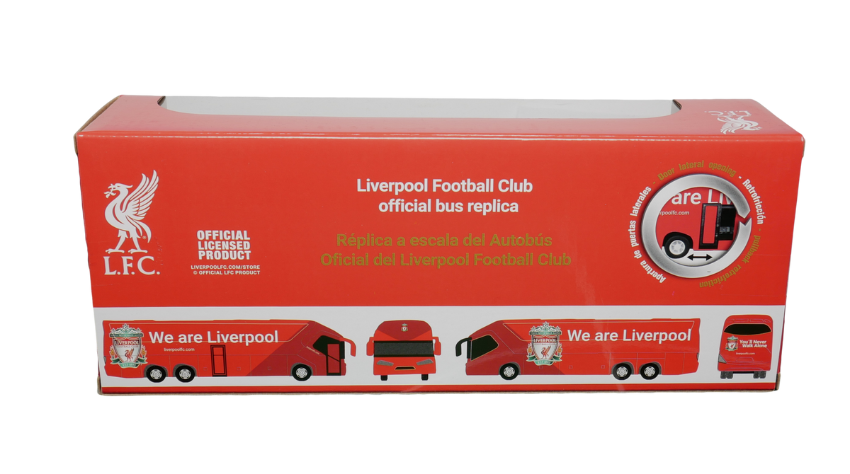 Liverpool Mini Team Bus collectible in a red cardboard box with Liverpool FC crests and bus illustrations.
