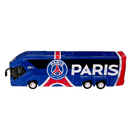 PSG Mini Team Bus miniature coach in blue with red and white stripes, PSG crest, large PARIS lettering and silver wheels.