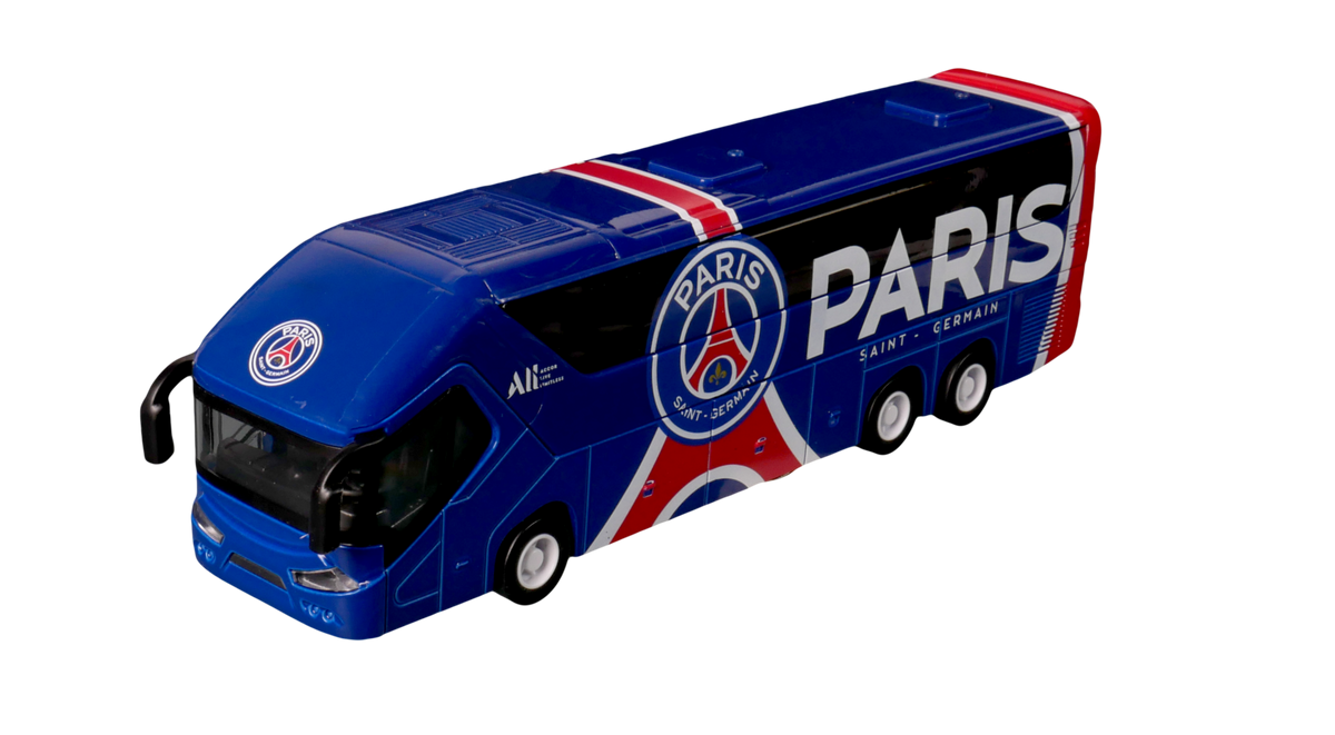 PSG Mini Team Bus collectible in blue with white and red accents, featuring Paris Saint-Germain logos and lettering.