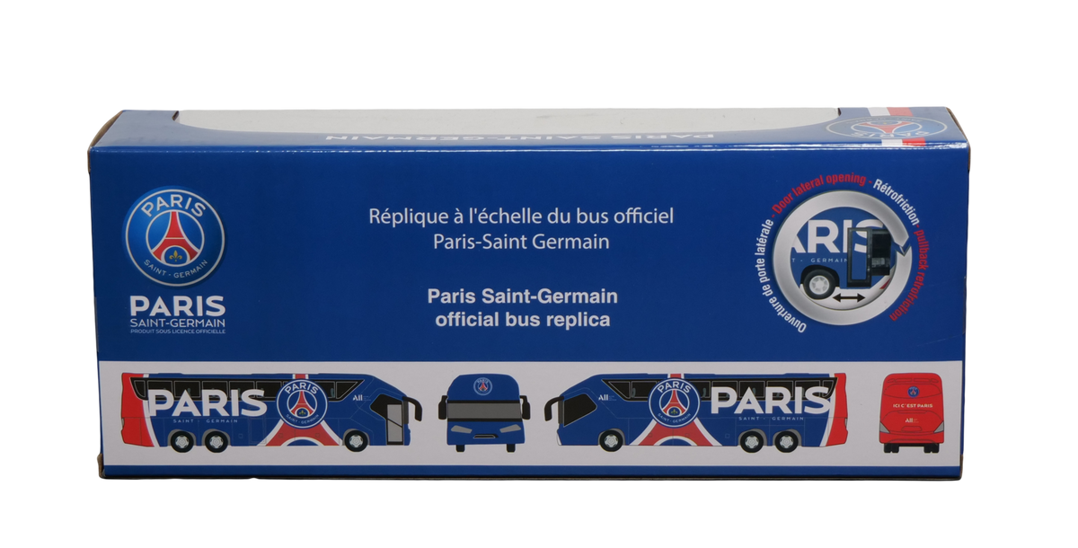 PSG Mini Team Bus miniature collectible in a blue box, featuring a red, white and blue Paris Saint-Germain coach graphic.