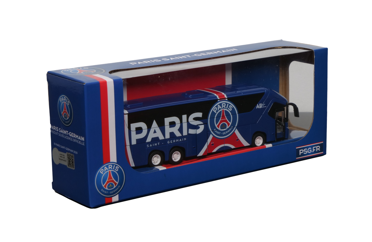 PSG Mini Team Bus, a navy blue collectible coach with red and white stripes, Paris Saint-Germain crest and clear display box.