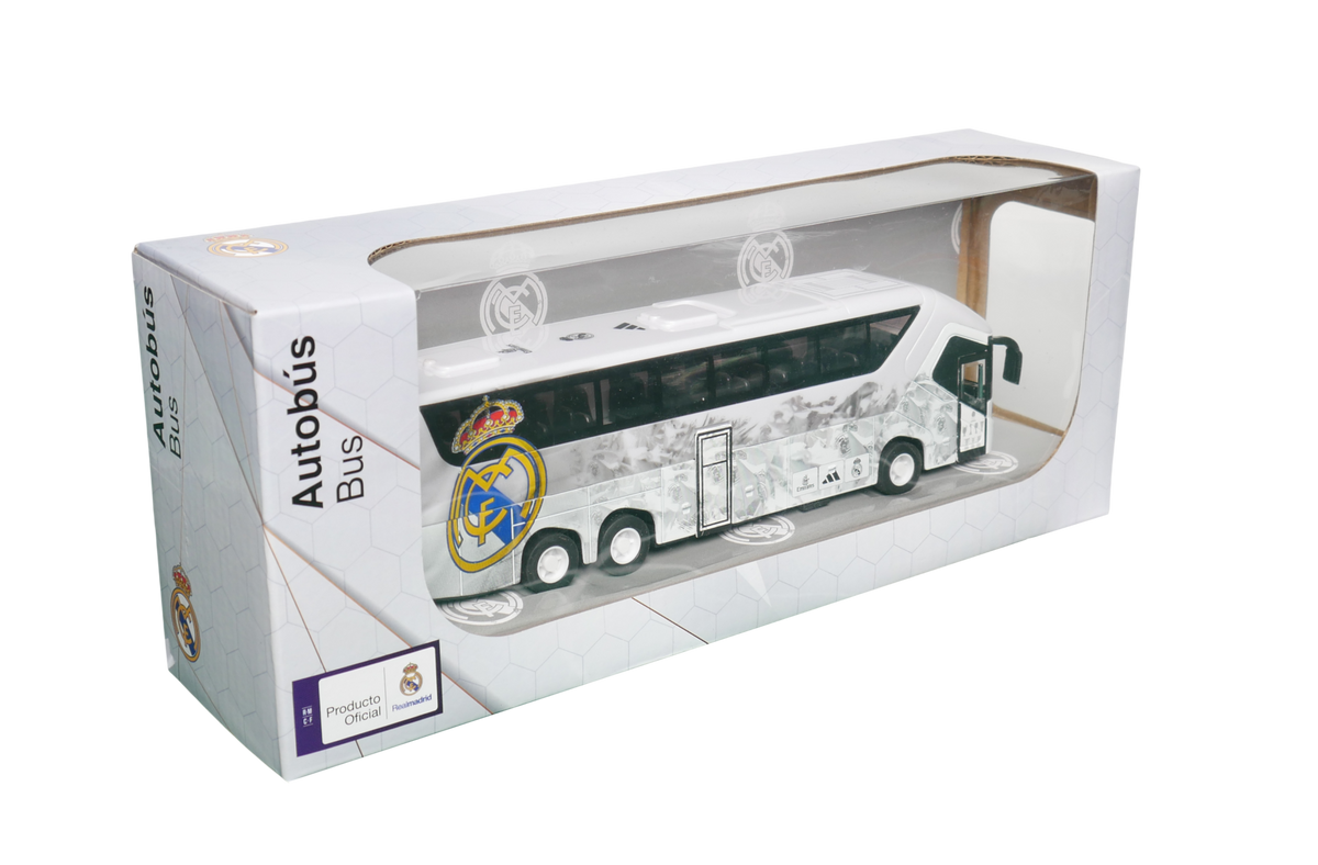 Real Madrid Mini Team Bus miniature white coach with dark green windows, club crest, and printed stadium graphics in a display box.
