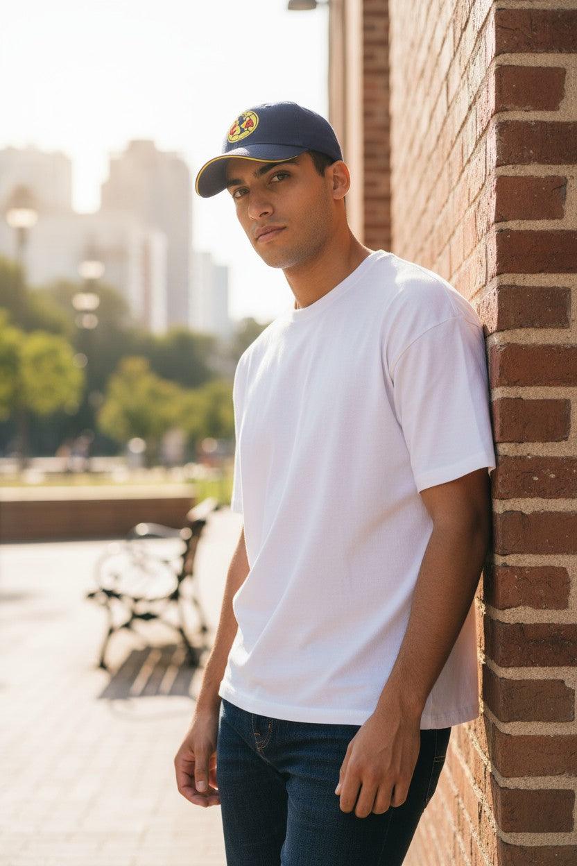 Man wearing Fan Ink officially licensed adjustable hat with team logo outdoors