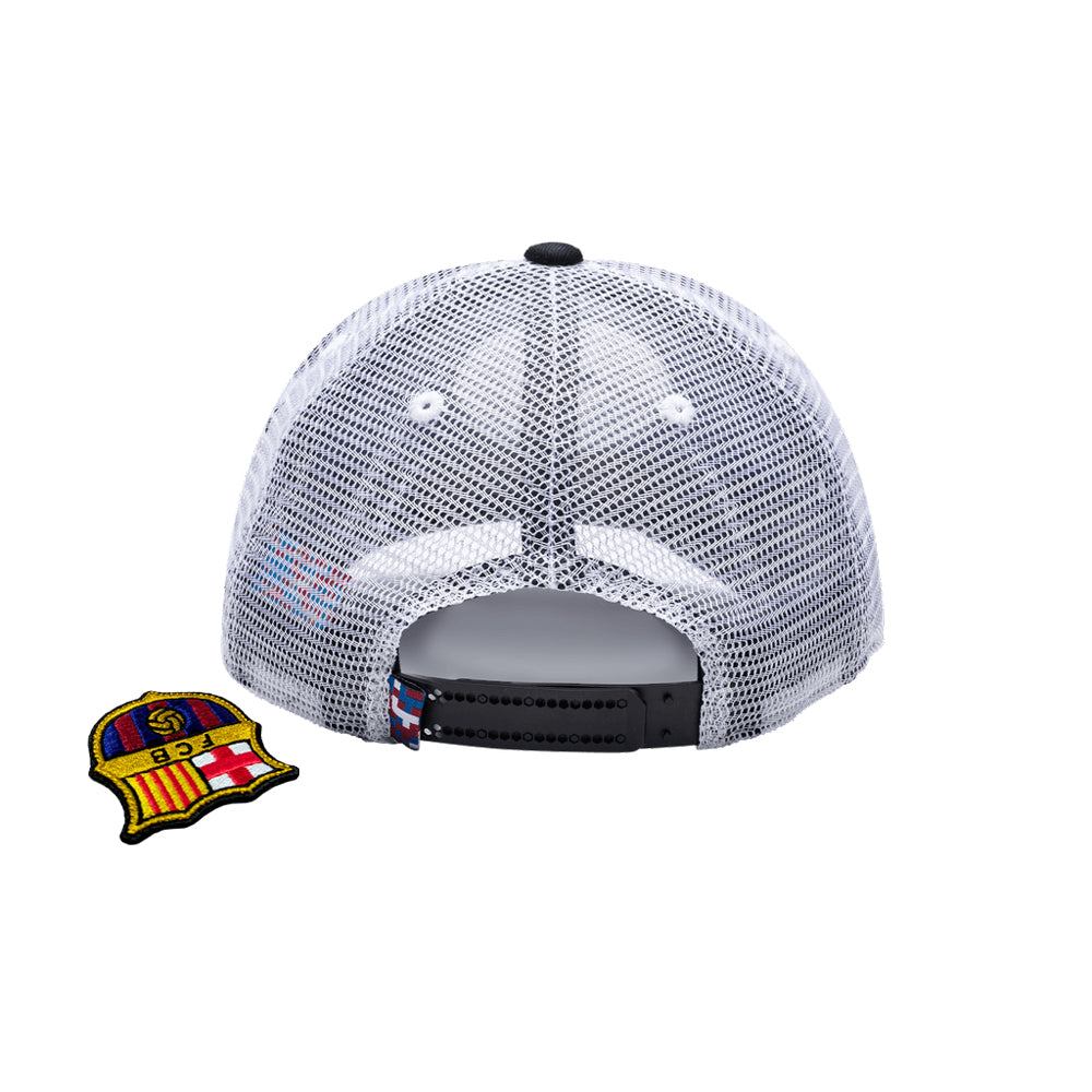 Back view of FC Barcelona One8th Strike Trucker Hat with breathable white mesh and interchangeable patch next to it