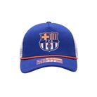 Blue FC Barcelona cap with retro design, breathable mesh back, and adjustable snapback closure