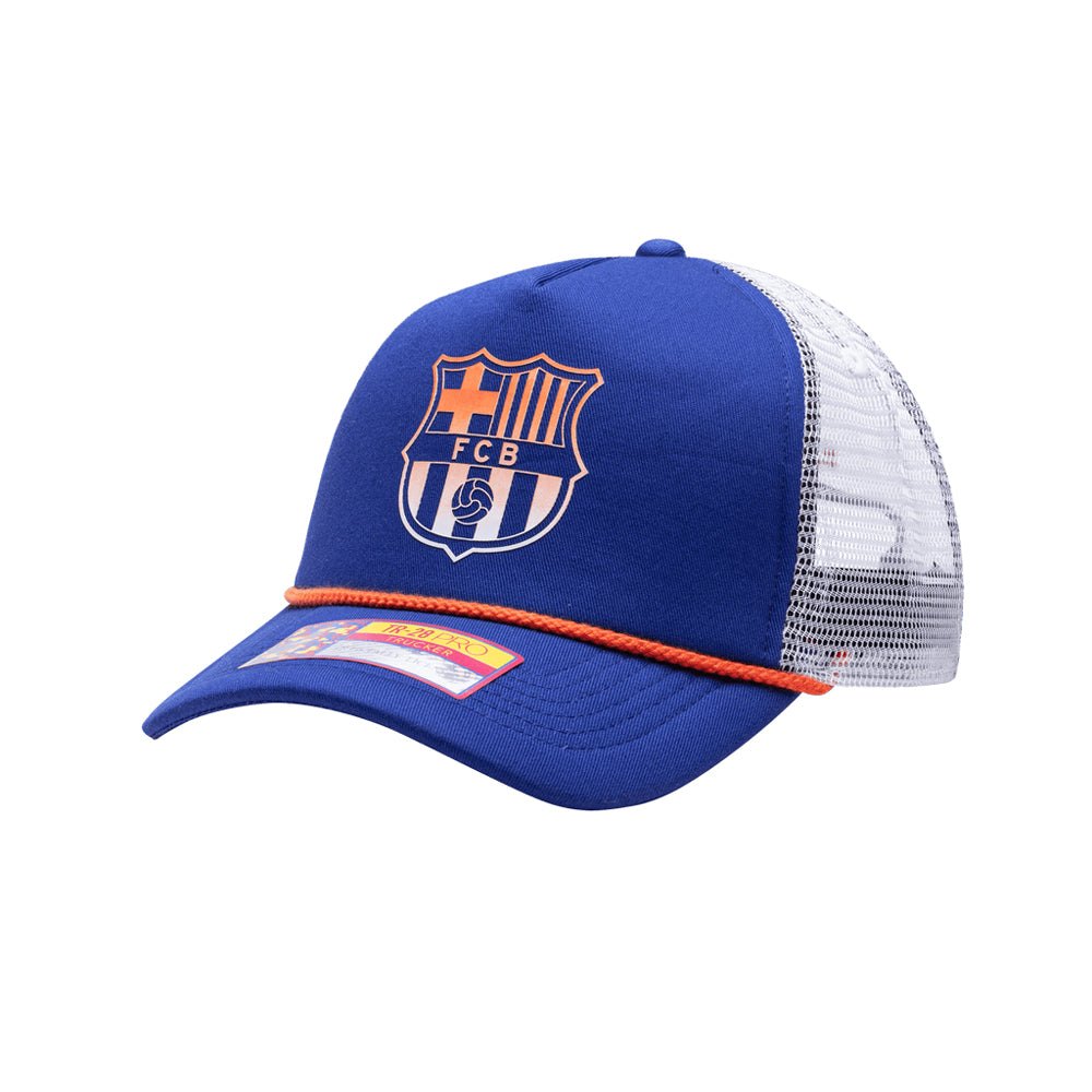 FC Barcelona Serve Trucker Hat with blue cotton twill front, white mesh back, pop rope detail, and adjustable snapback closure