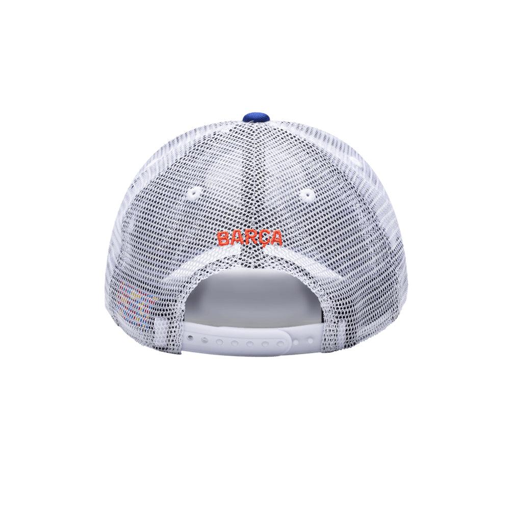 Back view of FC Barcelona Serve Trucker Hat with breathable white mesh and adjustable snapback closure
