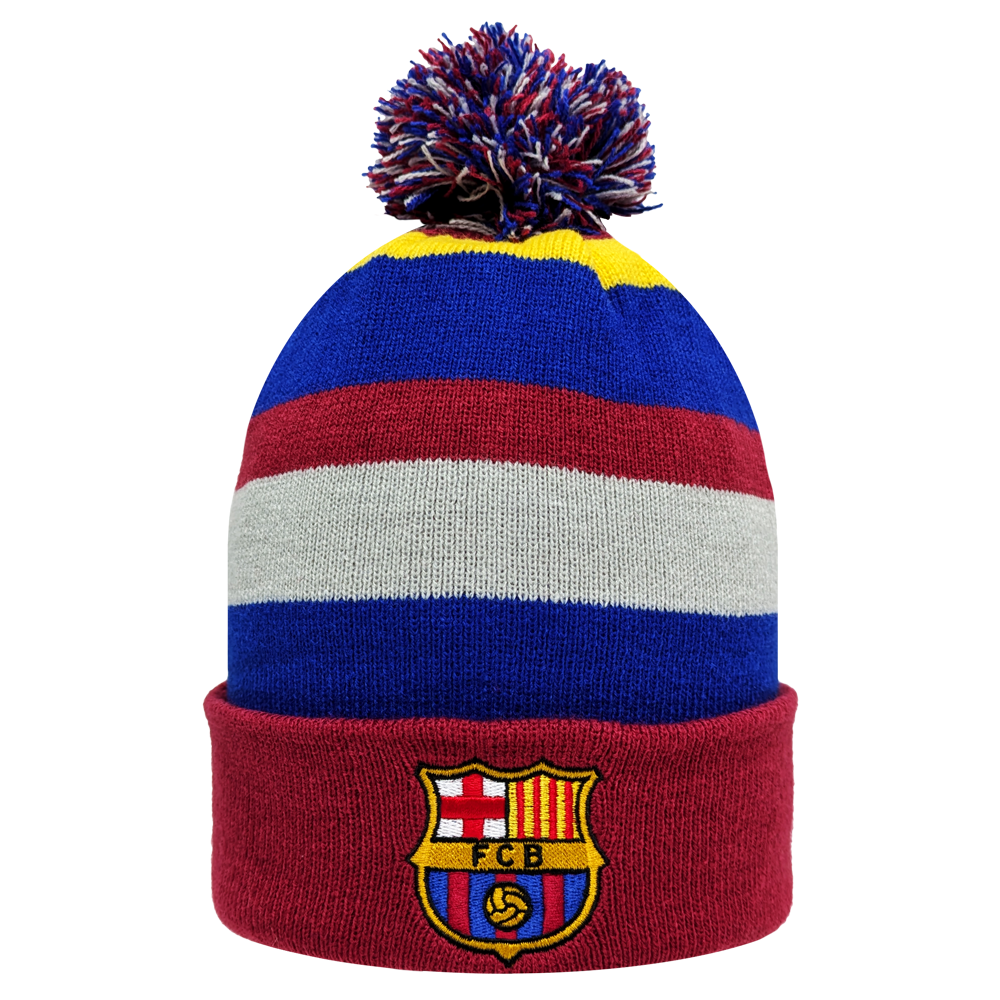 Fan Ink Officially Licensed International Soccer Knit Cap with Barcelona club crest, soft acrylic, winter beanie with pom-pom