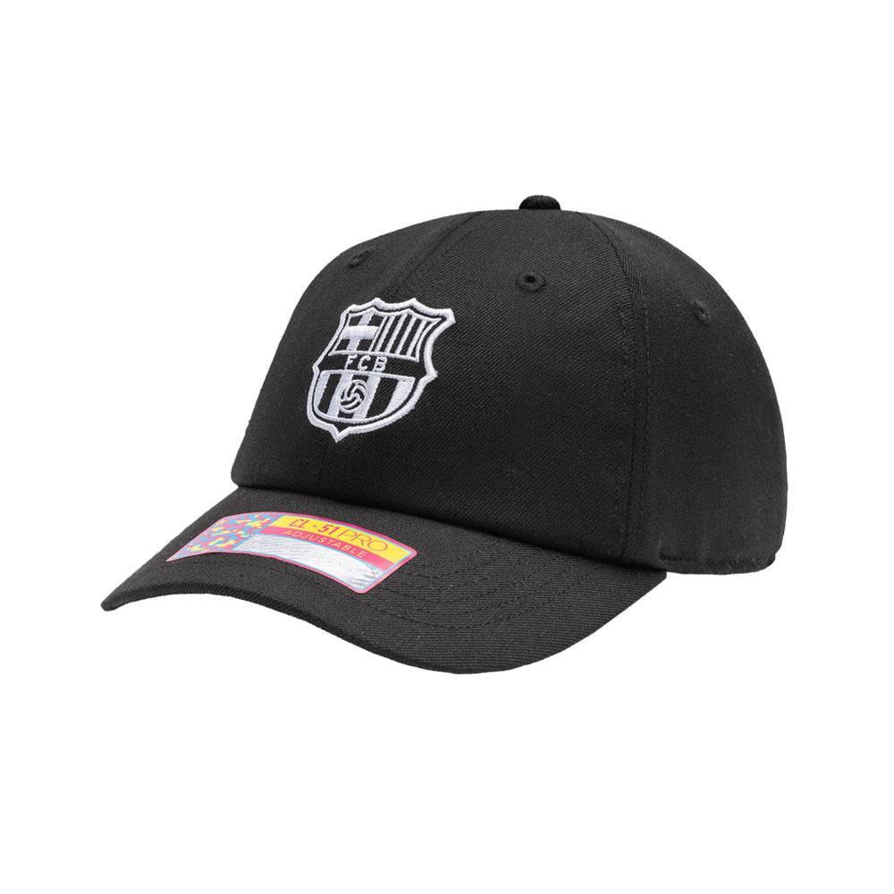Black FC Barcelona Berkeley Classic Hat with felt team logo applique and adjustable strap buckle closure