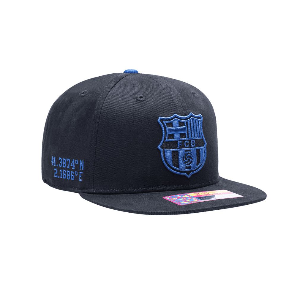 Black FC Barcelona Locale Snapback Hat with blue embroidered logo and adjustable flat brim cap
