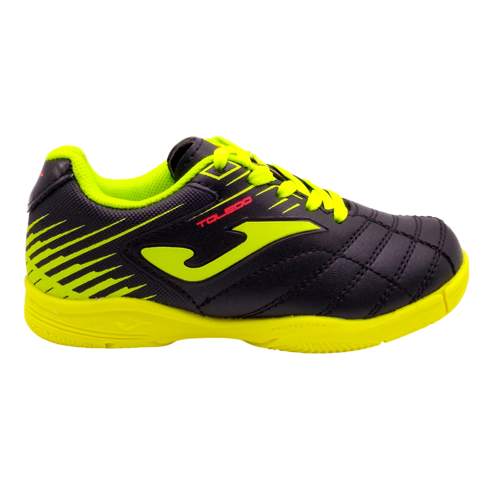 Joma Toledo Junior Indoor Soccer Shoe in black and neon yellow designed for kids with lightweight, flexible materials and excellent grip for indoor soccer.