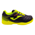 Joma Toledo Junior Indoor Soccer Shoe in black and neon yellow designed for kids with lightweight, flexible materials and excellent grip for indoor soccer.