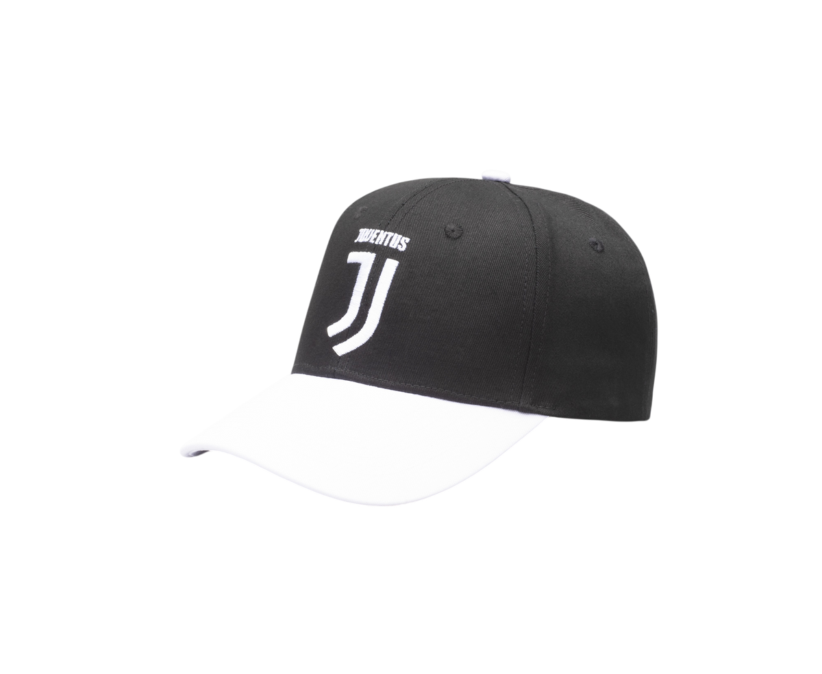 Juventus Two-Tone Adjustable Cap in black and white fabric, featuring an embroidered Juventus crest and white curved brim.