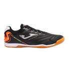 Joma Maxima Adult Indoor Soccer Shoes in black with orange accents and non-marking sole for futsal and indoor play