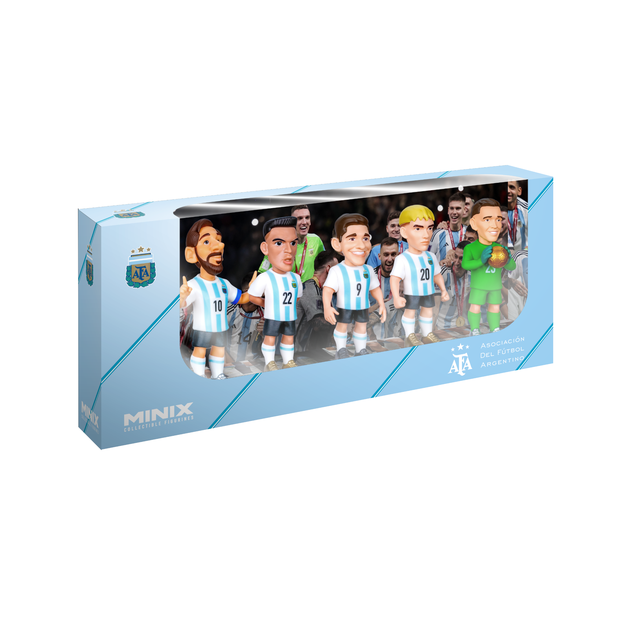 Minix Argentina 5-Pack official 7cm football figurines of Messi, Martínez, Álvarez, Mac Allister, and E. Martínez in display box