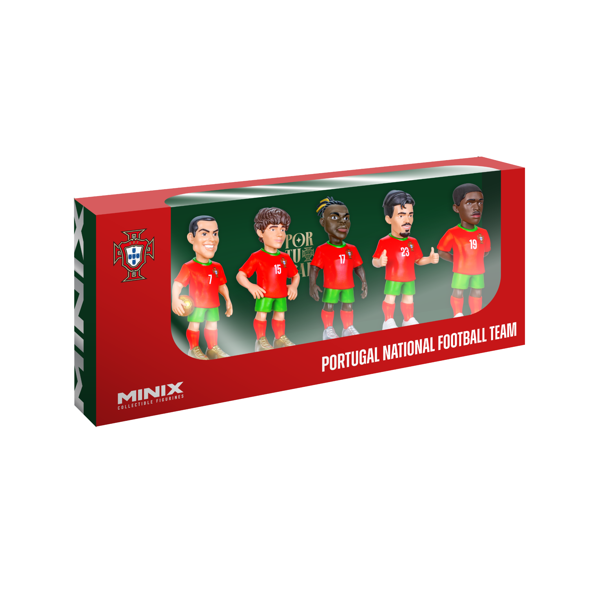 Minix Portugal 5-Pack collectible football figurines featuring Ronaldo, Vitinha, Neves, Leão, and Nuno Mendes in official team kits