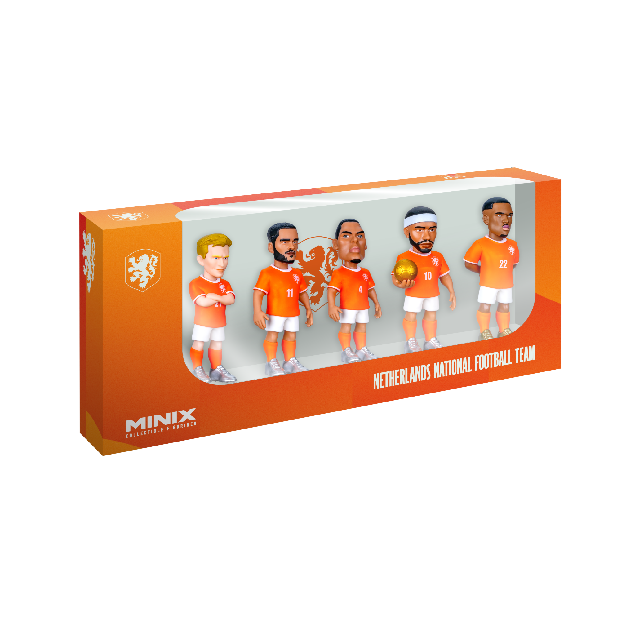 Minix Netherlands National Team 5-pack football figurines featuring Van Dijk, De Jong, Gakpo, Dumfries, and Memphis in official kits