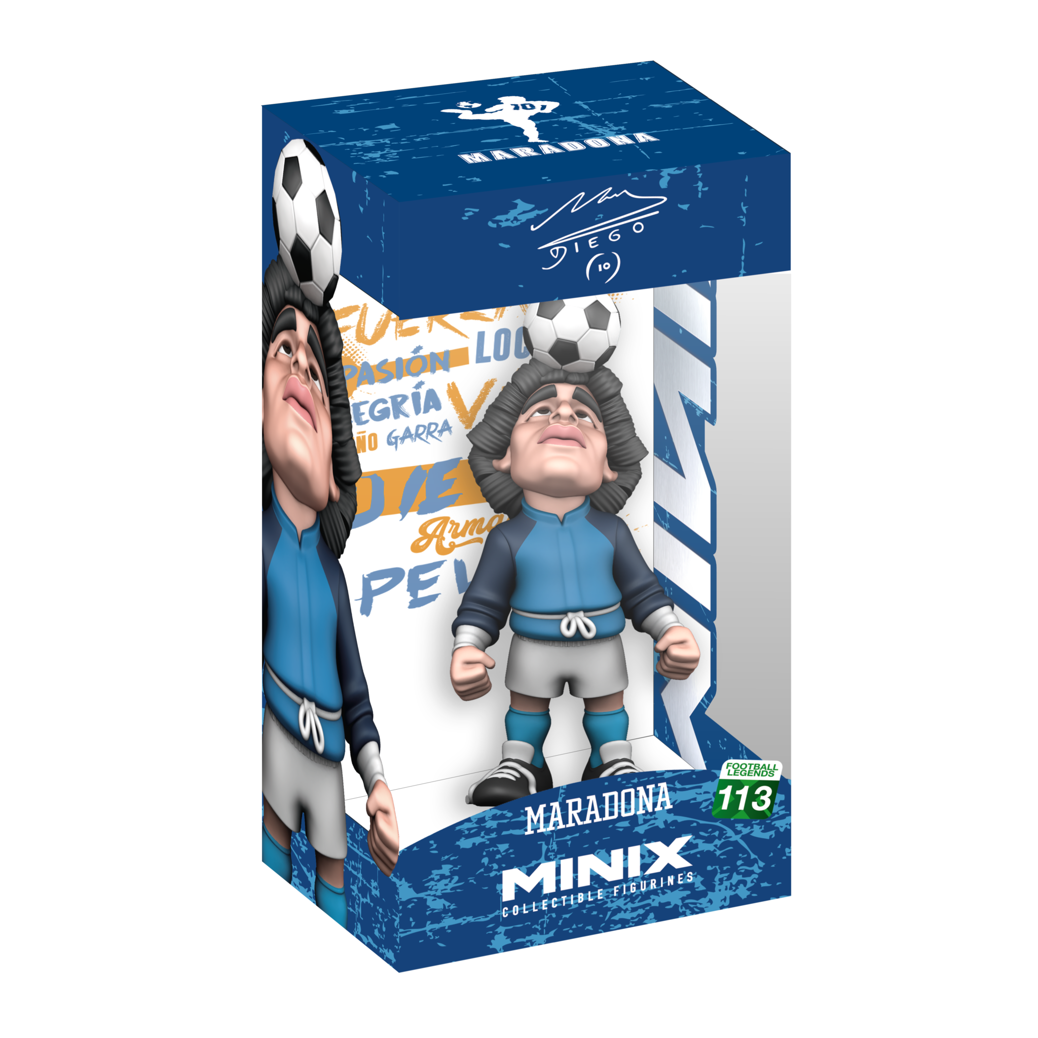 Minix Diego Maradona 12cm collectible figurine in blue Argentina kit with soccer ball balancing on head in branded display box