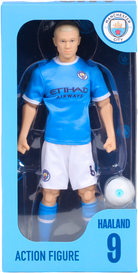 Sockers officially licensed 30cm soccer hero action figure of Manchester City player Haaland in blue jersey with soccer ball in packaging