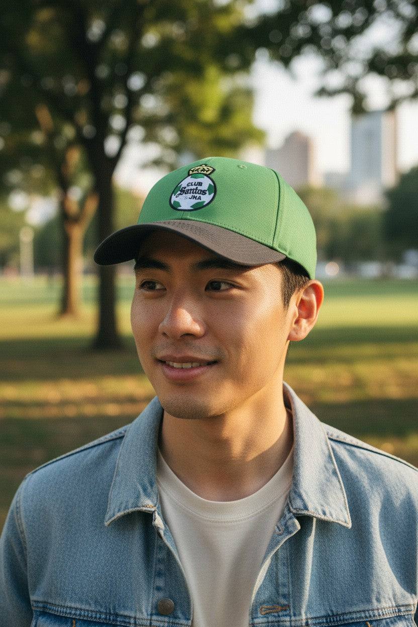 Man wearing Fan Ink officially licensed 2-tone adjustable soccer hat in green and black outdoors