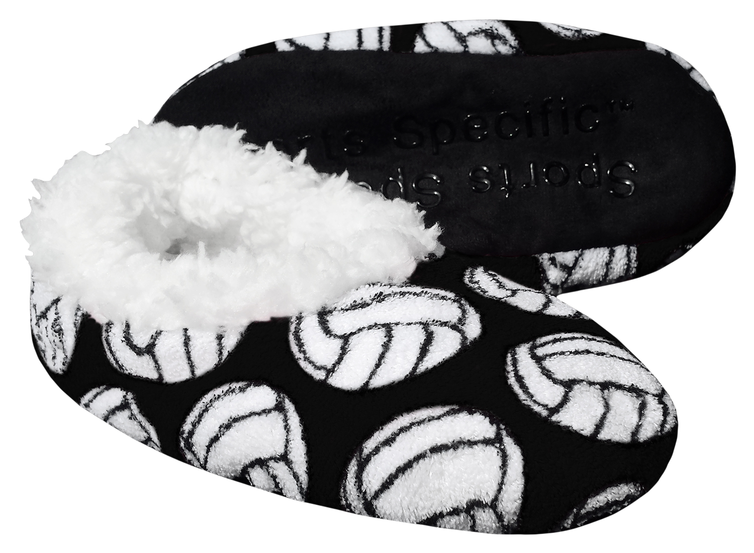 Black volleyball-themed sport slippers with plush white lining and non-slip sole for indoor use