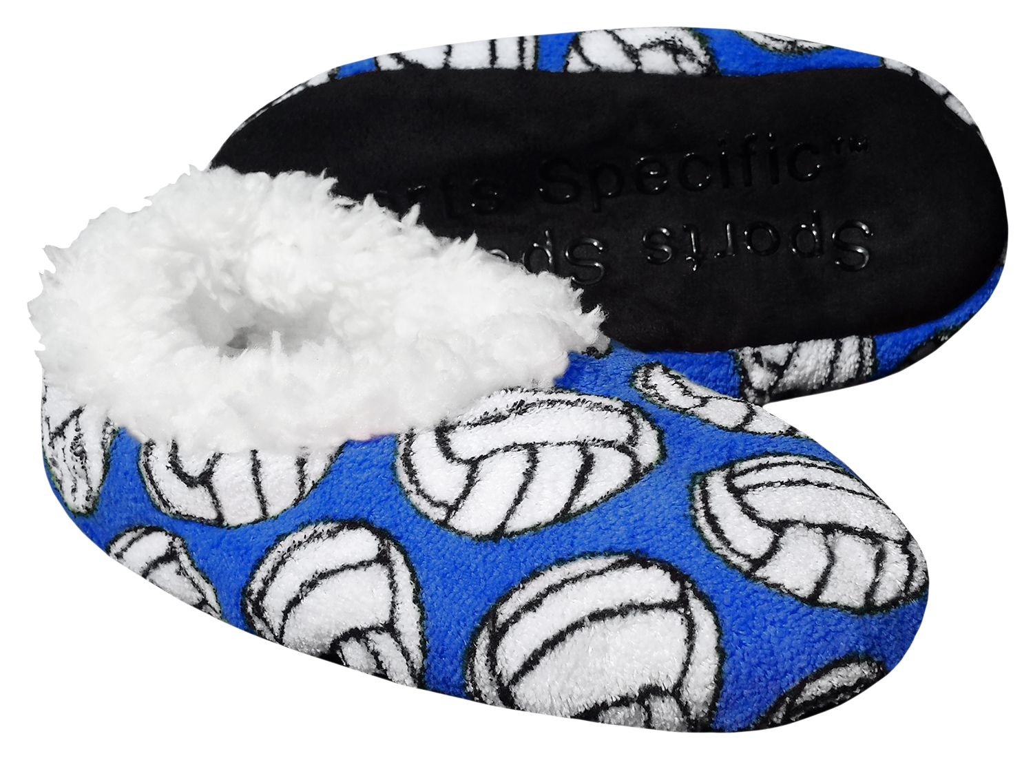 Blue volleyball-themed sport slippers with plush white interior and non-slip black sole by Snoozies