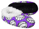 Purple volleyball-themed sport slippers with plush white lining and non-slip black sole