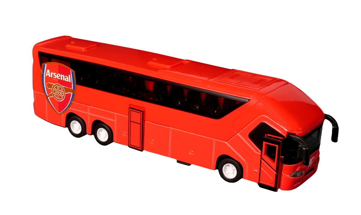 Arsenal Mini Team Bus in bright red with Arsenal crest, black windows, and a detailed six-wheel coach design