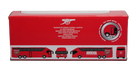 Arsenal Mini Team Bus collectible in a red cardboard box, with Arsenal-branded red team bus illustrations and club crest