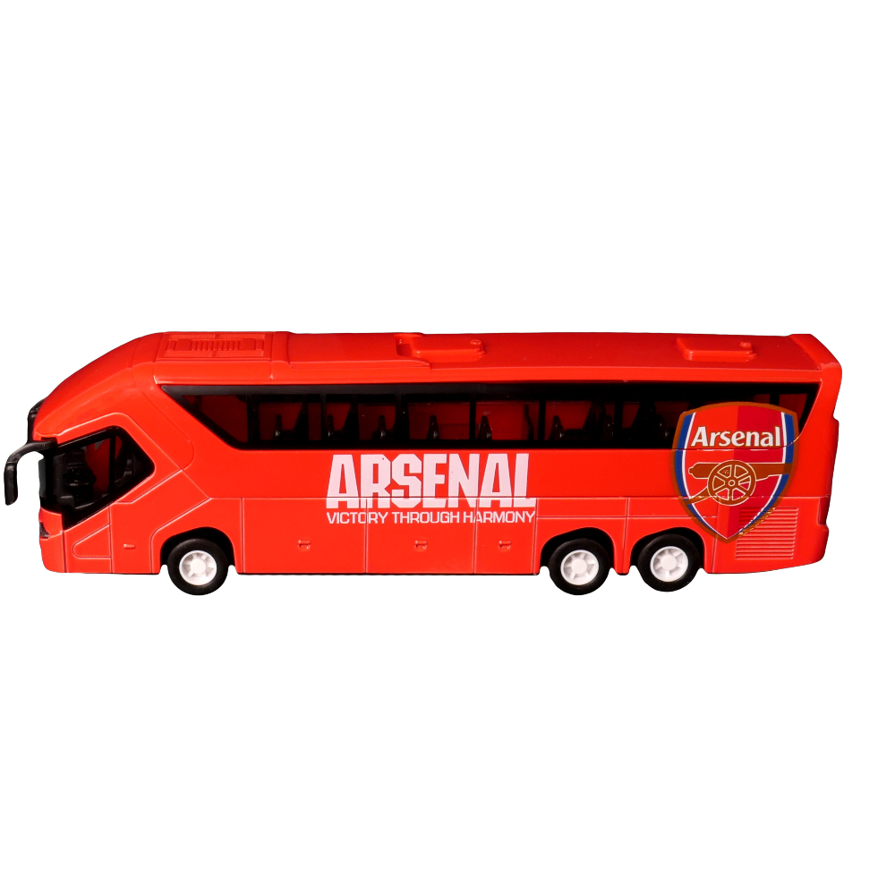 Arsenal Mini Team Bus in bright red with black windows, Arsenal crest and white lettering on a detailed coach replica