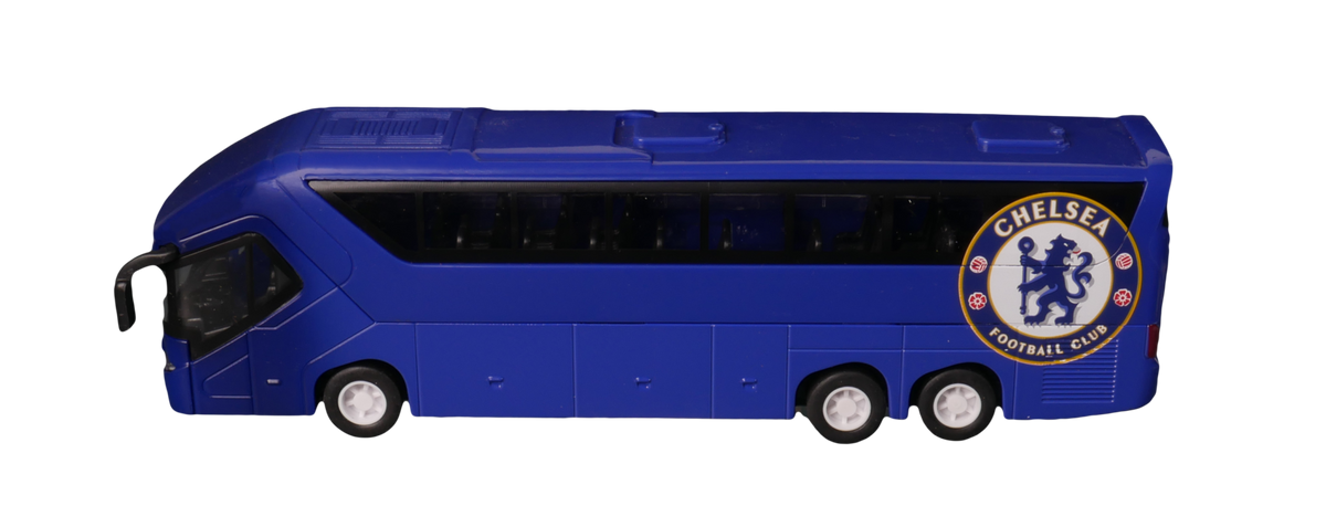 Chelsea Mini Team Bus miniature royal blue coach with black windows, white wheels and Chelsea Football Club crest